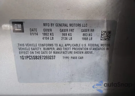 2014 Chevrolet Cruze 1Lt Auto из США, поврежденный, VIN 1G1PC5SB2E7269237